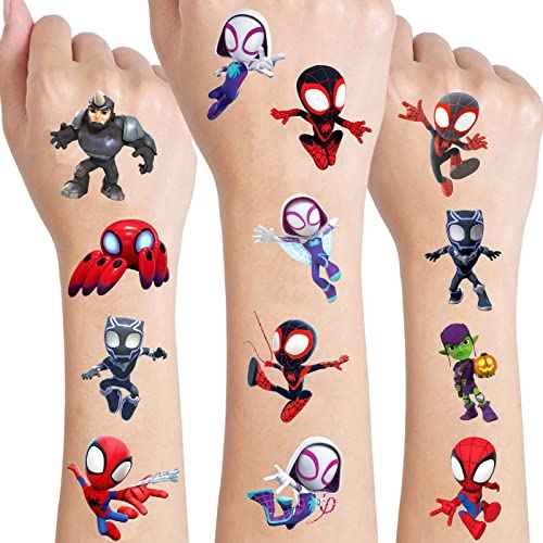 Spidey Birthday Party Supplies, 34Pcs Temporary Tattoos Party Gifts, Removable Fake Tattoo Stickers for Goody Bag Treat Bag Stuff for Spidey Birthday Decorations