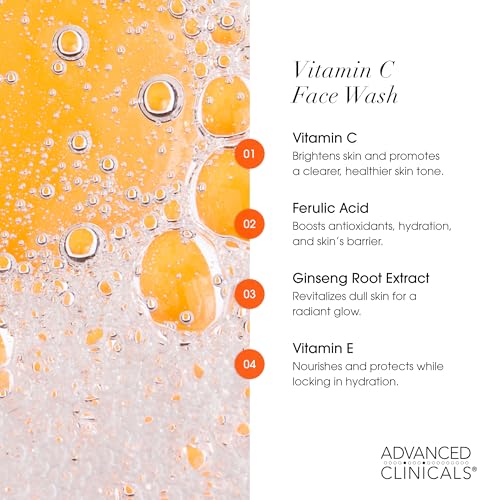 Advanced Clinicals Gentle Vitamin C Face Wash For Women & Men | Citrus Scented Gel Facial Cleanser Soap | Aloe Vera + Ferulic Acid Hydrating Foaming Wash For Cleansing Dirt & Oil, Large 11.75 Fl Oz