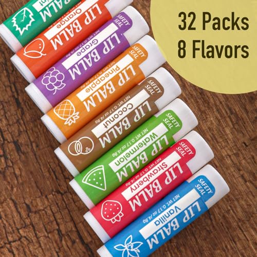 32 Pack Lip Balm, Natural Lip Balm Bulk with Vitamin E and Coconut Oil, Moisturizing Lip Balms for Dry Cracked Lips, Lip Balms for Stocking Stuffers - 8 Flavors