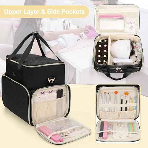 Relavel Nail Polish Organizer, Double Layer Nail Bag Holds 80-100 Bottles (15ml/0.5fl.oz) & Nail Lamp Nail Kit Storage Case, Extra Large Travel Nail Supplies Shoulder Bag for Manicure Tools (Black)