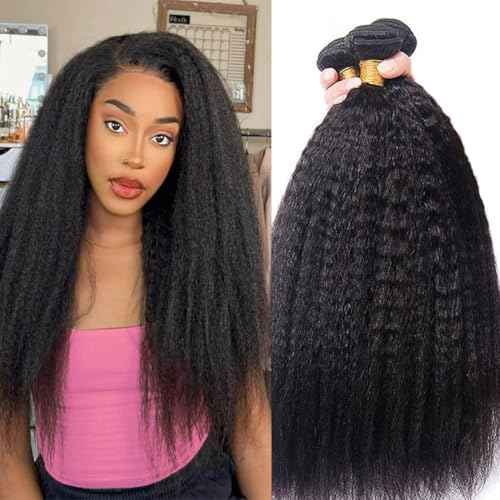 DMS Kinky Straight Bundles Yaki Straight Bundles Human Hair For Black Women 100% Unprocessed Brazilian Remy Hair Natural Black Color (26 inch£¬black)