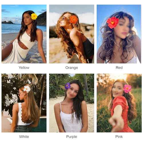 Hawaiian Flower Hair Clips for Women, 6Pcs Plumeria Claw Clips for Think Thin Hair, 3.5 Inch Artificial Flower Clips for Vacation Beach Party (Hibiscus)