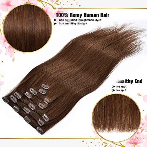 Remy Brown Clip in Hair Extensions Human Hair 120g 7Pcs Medium Brown Silky Straight Human Hair Clip in Hair Extension 22 Inch Human Hair Extensions Clip ins