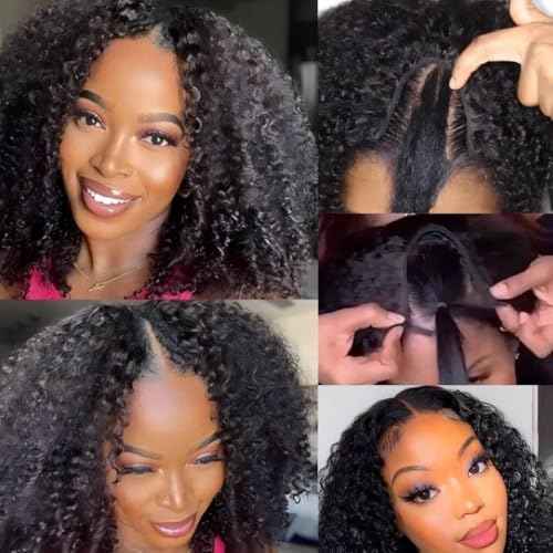 ISEE V Part Human Hair Kinky Curly Minimal/No Leave Out Upgrade U Part Wig for Black Women Human Hair V Shape Wig Kinky Curly Thin Part Glueless Clip In Half Wig 180% Density Natural Color 18 Inch