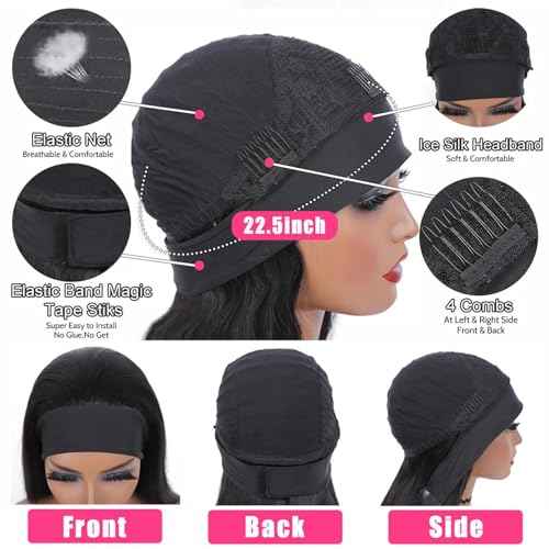 Human Hair Body Wave Headband Wig, 26 Inch, Black, Glueless, Wavy (loose waves), 21.75 Inch Cap Size