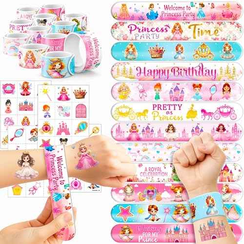 72PCS Little Princess Party Set - 48PCS Temporary Tattoos & 24PCS Slap Bracelets - Cute Birthday Supplies, Baby Shower Gifts, Classroom Rewards & Princess-Themed Decor for Girls
