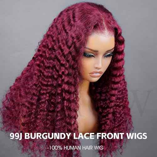 V SHOW 99j Burgundy Lace Front Wig Human Hair 180% Density Glueless Wigs Human Hair Pre Plucked Pre Cut 7x5 Deep Wave Lace Closure Wigs 18 Inch Pre Everything Burgundy Glueless Wig for Women