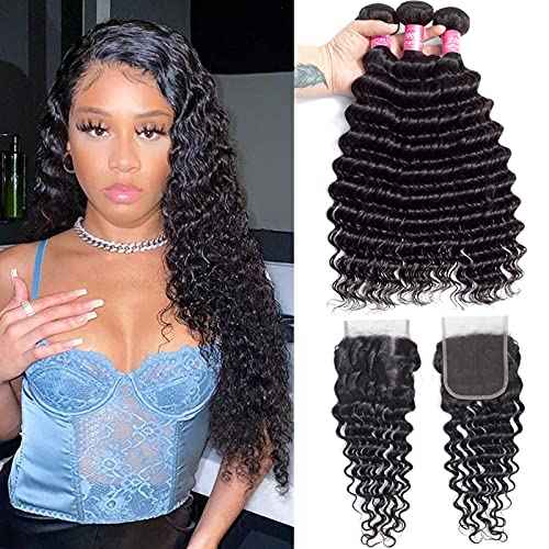10A Deep Wave Human Hair Bundles with Closure 14 16 18+12 Brazilian Deep Weave Curly Human Hair 3 Bundles with 4x4 Lace Closure Remy Unprocessed Virgin Human Hair Bundle Natural Color