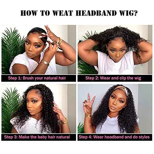 Headband Wig Human Hair Wigs 18-Inch Curly Deep Wave Headband Wig Wear and Go Glueless Wig Natural Color