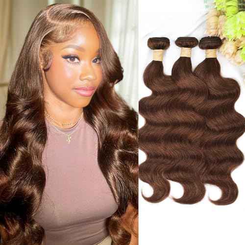 ALLRUN Brown Body Wave Bundles Human Hair 16 18 20 Inch Light Brown Hair Bundles Body Wave 12A 100% Unprocessed Brazilian Virgin Hair Chocolate Color Human Hair Extension Color 4#