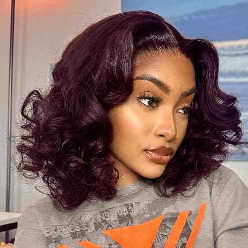 250% Full Density 99J Burgundy Lace Front Wigs Human Hair 13x4 Short Bob Wigs Human Hair Glueless Wear and Go Loose Deep Wave Wig Pre Plucked Pre Bleached Red Wig Human Hair (18inches)