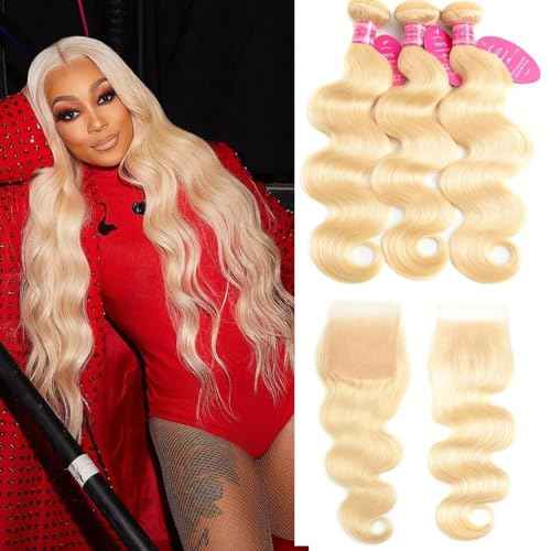 613 Hair Body Wave Bundles with Closure 613 Honey Blonde Bundles with Lace Closure Brazilian Virgin Body Wave 3 Bundles with 4¡¿4 Lace Closure 150% Density Free Part (14 16 18+12C)