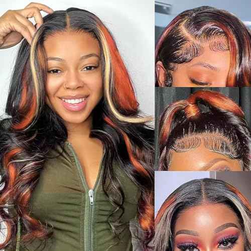Black Ginger Blonde Highlight Wig Human Hair Lace Front Skunk Stripe Wig 13x4 Glueless Ginger Body Wave Lace Frontal Wigs Pre Plucked For Women 22 Inch 150% Density