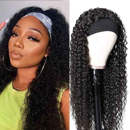 XSY Curly Headband Wig Human Hair Deep Wave Wigs for Black Women Brazilian Virgin Curly Hair No Lace Front Wigs 150% Density 26 Inch Natural Color
