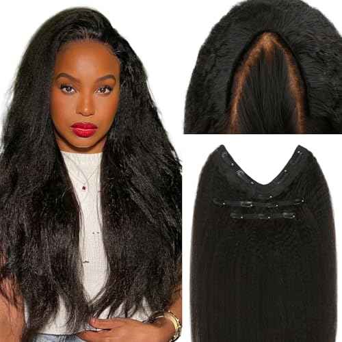 Lashey V Shape Invisible Clip in & Lace Clip in Hair Extensions Human Hair, 18 Inch 120g Set (1 V-Shaped + 2pcs Lace Clip ins), Natural Black Kinky Straight No Leave Out Hair Extension for Women