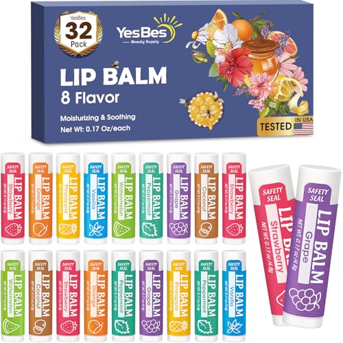 32 Pack Lip Balm, Natural Lip Balm Bulk with Vitamin E and Coconut Oil, Moisturizing Lip Balms for Dry Cracked Lips, Lip Balms for Stocking Stuffers - 8 Flavors