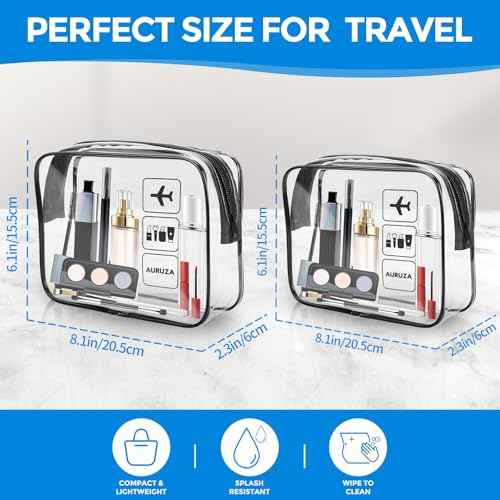 AURUZA 2 Pack TSA Approved Toiletry Bag, Clear Makeup Bag,Travel Cosmetic Bag with Zipper,Clear Organizer Carry on Bag for Women,PVC Cosmetic Pouch for Airport Airline Compliant (Black)