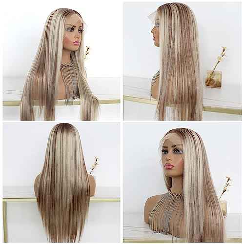 Highlight Ash Blonde Lace Front Wig Long Straight Glueless Ombre Brown Mixed Blonde 13x4 Synthetic Lace Front Wigs for Women 150 Density 24 Inches