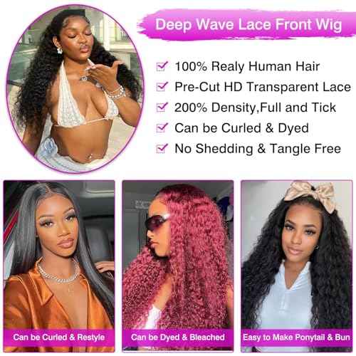 Deep Wave Lace Front Wigs Human Hair 13x6 HD Transparent Lace Front Wigs Human Hair 200% Density Deep Curly Human Hair Wig Pre Plucked Deep Wave Frontal Wigs Natural Color 26 Inch