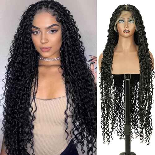 PHOCAS Boho Braid Wig 48'',Knotless Braided Wigs Natural Black,Curly Ended Double Full Lace Box Braids Wig for Women