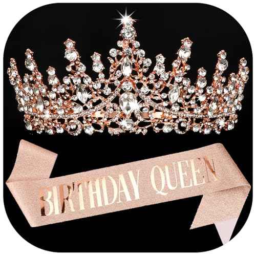 COCIDE BIRTHDAY QUEEN Birthday Sash for Women Tiaras for Girls Happy Birthday Decorations Set Rhinestone Headband Sashes Hair Accessories Glitter Crown for Party Supplies