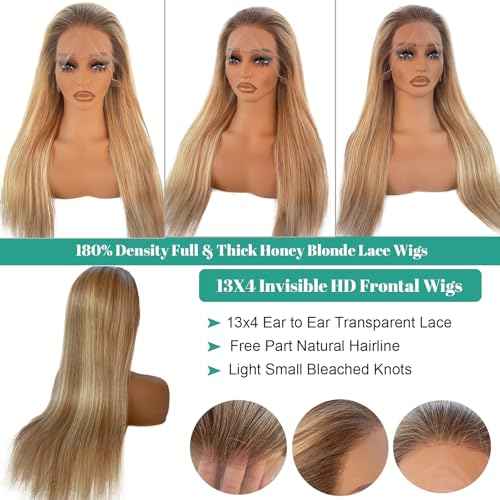 Ash Blonde Highlight Wig Human Hair, Wear and Go Glueless 13x4 Frontal Wig Ombre Colored Balayage Blonde with Brown Lace Front Wigs Human Hair 180% Density Thick Ends Free Part Lace Wigs for Women 22"