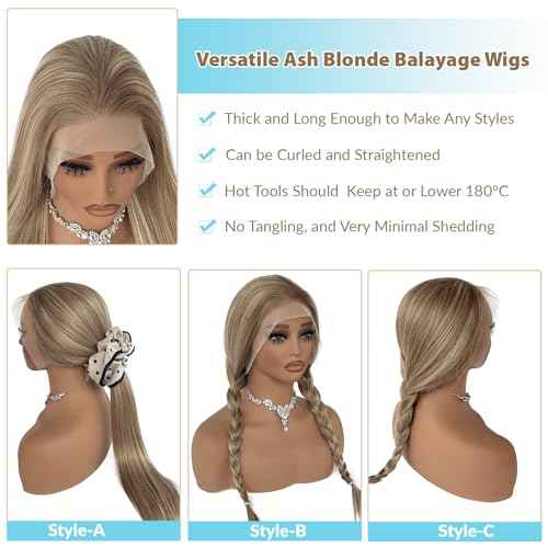 13x6 Ombre Blonde Lace Front Wig Human Hair HD Lace Balayage Highlight Ash Blonde Long Straight Frontal Lace Wigs 180% Density 22 Inch Glueless Blonde Highlight Wig with Brown Roots Pre Plucked