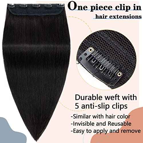S-noilite Clip in Human Hair Extensions - 100% Real Hair, One Piece/5 Clips, 3/4 Full Head, Thicker Soft Straight (18"-90g, #1B Natural Black)