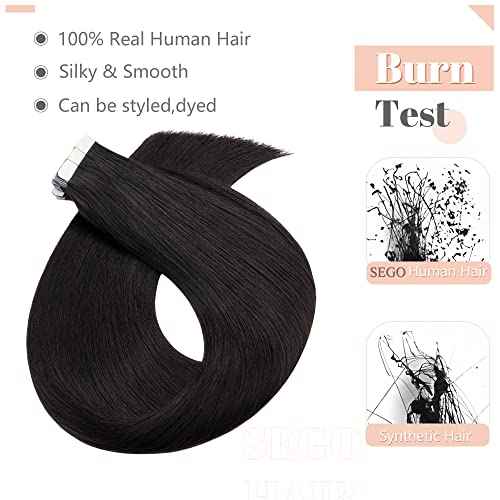 SEGO Tape in Hair Extensions Human Hair 20 Inch Natural Black 40pcs 100g Straight Natural 100% Remy Rooted Seamless Skin Weft Invisible Double Sided Tape Hair for Women