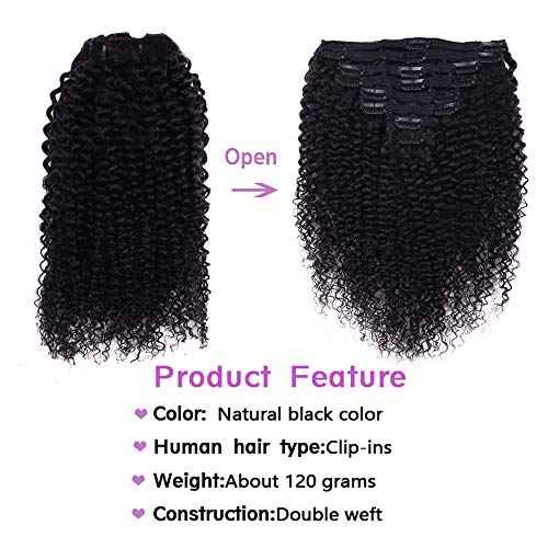 Curly Clip In Extension Human Hair 3C 4A Kinky Curly Clip Ins Full Head for Black Women Brazilian Remy Human Hair Natural Color 8Pcs with18clips 120g/Set (28 inch, curly wave)