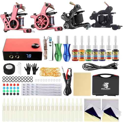 Solong Complete Tattoo Kit 4 Pro Machine Guns Power Supply Foot Pedal Needles with Carry Case TK465-US