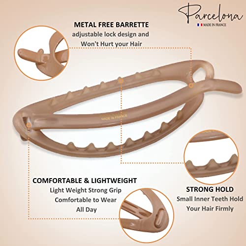 Parcelona French Oval Simple 4 1/4" Large Cellulose Acetate Metal Free Hair Barrette Clips Ponytail Non Slip Fashion Durable Styling Women Hair Accessories Hair Clip for Girls, Made in France(Beige)