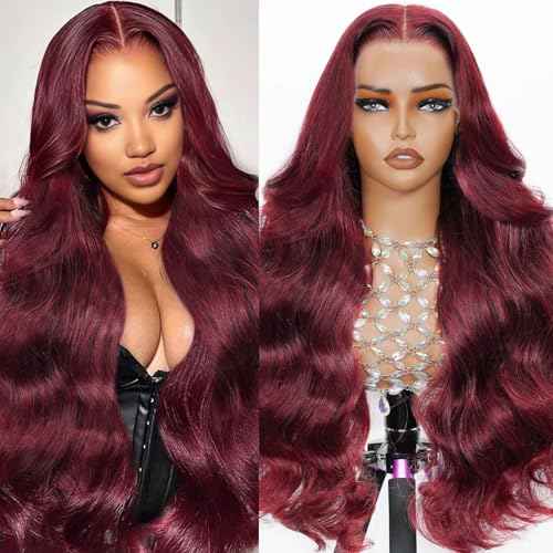 30 Inch 13x6 99j Burgundy Wig Human Hair 200 Density Hd Body Wave Lace Front Glueless Red Wigs Human Hair