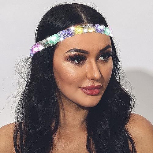 ACEDRE Light Up Rhinestone Headband LED Rave Headpiece Glow Silver Crystal for Women