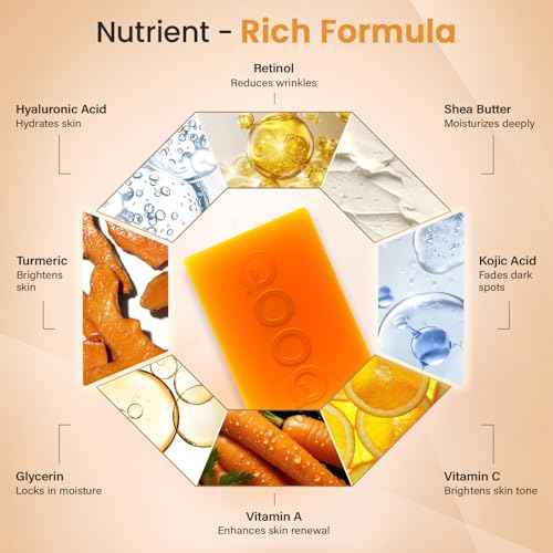 Turmeric Kojic Acid Soap for Dark Spots Brightening ? Facial Cleansing Bar with Vitamin C, Retinol, Collagen, Vitamin E, Glycerin, Shea Butter & Castile Olive Oil ? Soap for Women & Men (120g x 2)