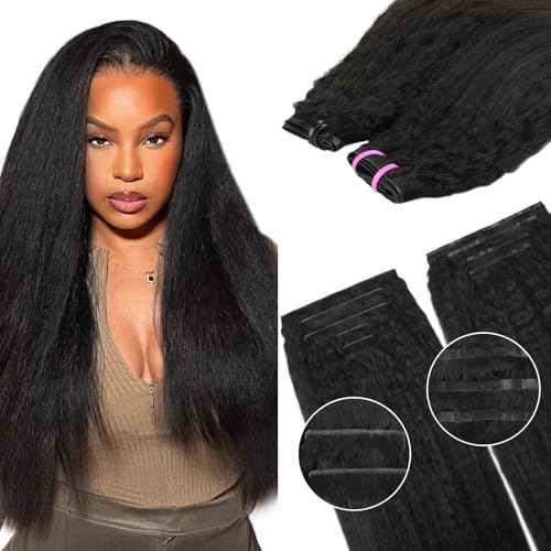 Lashey Invisi Edge & Seamless Clip in Hair Extensions Human Hair, 14 Inch 130g 9pcs(5pcs Invisi Edge& 4pcs Seamless) Real Virgin Human Hair Extensions, Natural Black Kinky Straight Hair