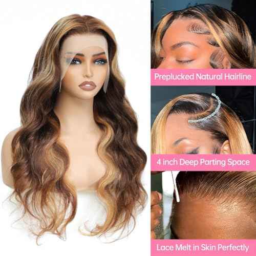 Human Hair Wig 22 Inch 13x4 Ombre Body Wave Lace Front Wigs Human Hair Honey Blonde Wig Pre Plucked with Baby Hair 200 Density 4/27 Highlight Glueless Human Hair Wigs for Black Women