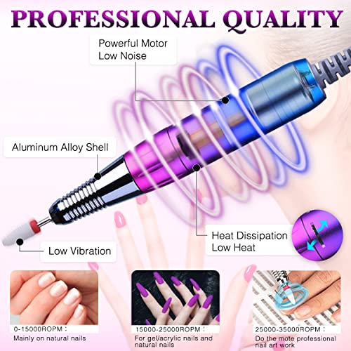 Professional Portable Electric Nail Drill - Yuniooe 35000 RPM Acrylic Nail kit Remove Nail Gel,Portable E File Machine for Salon Use or Home DIY (Gradient Blue)