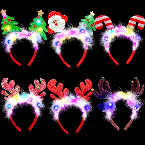 XXXPOWERXXX Light Up Christmas Headbands,LED Lights Christmas Reindeer Santa Claus Christmas Tree Crutches Feather Headband for Women Girl Christmas Parties Valentine's Day Favors 6Pack