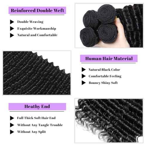 Deep Wave Human Hair Bundles 16 18 20 Inch Deep Wave Bundles 100% Unprocessed Brazilian Virgin Hair 3 Bundles Curly Bundles Hair Extensions Real Human Hair Wavy Quick Weave Bundles Natural Black