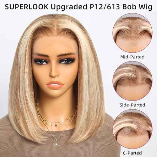 P12/613 Bob Wig Human Hair 13x4 Ready to Go Highlight 12A P12/613 Lace Front Wigs Human Hair 210% Density HD Lace Front Wig Pre Plucked (10inch, 13X4 Bob Wig)