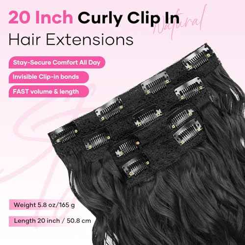 Curly Clip In Hair Extensions, 4PCS 20 Inch Natural Black Extensions Clip Ins Lace Weft Curly Invisible Natural Hairpieces for Women