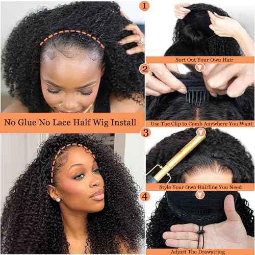 MISSJAY Kinky Curly Half Wig Human Hair 18 Inch 3 In 1 Seamless Flip Over Half Wigs 200% Density Beginner Friendly Drawstring Headband Wig Wear And Go Glueless Wigs for Women