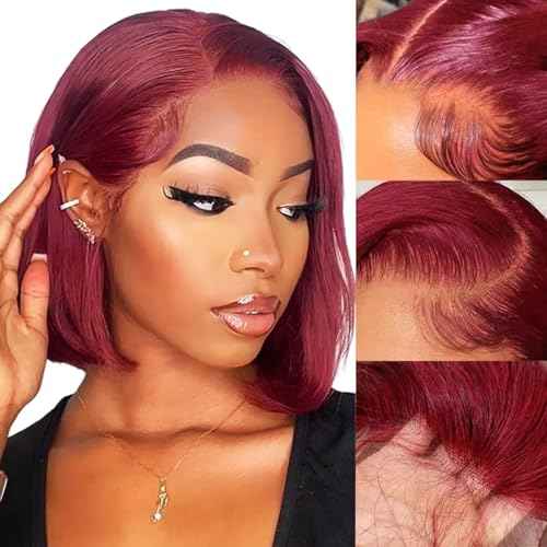 99j Burgundy Bob Wig Human Hair Wigs 13x4 Lace Front Wigs For Black Women Straight Burgundy Human Hair Pre Plucked 180% Density Transpaent Hd Lace Frontal Wigs Human Hair 99j Short Bob 10 Inch