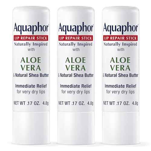Aquaphor Naturally Inspired Lip Repair Stick with Aloe Vera and Natural Shea Butter, Hydrating Lip Balm Immediately Relieves Dryness and Soothes Chapped Lips, 0.17 Oz Stick, Pack of 3