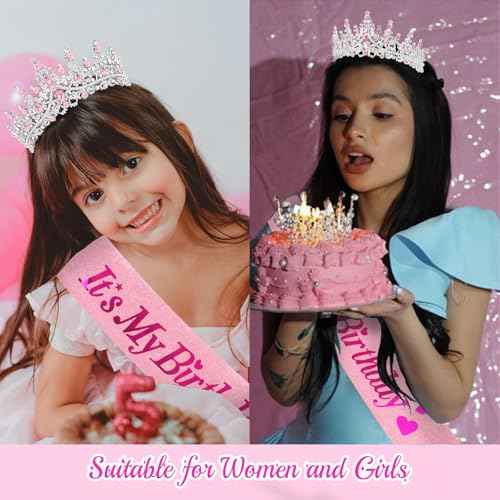 CURASA Birthday Sash and Crown - Pink Birthday Tiara for Women - Princess Crown Party Favors