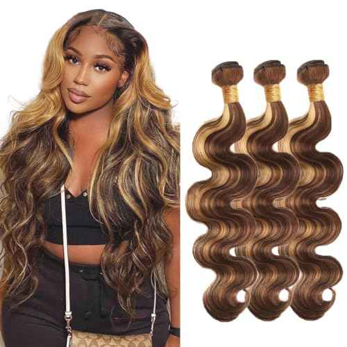 P4/27 Highlight Blonde Bundles Human Hair Body Wave Bundles 22 22 22 Inch Human Hair Weave 3 Bundle Unprocessed Brazilian Virgin Hair Brown Body Wave Human Hair Extensions 50 Grams/Bundle