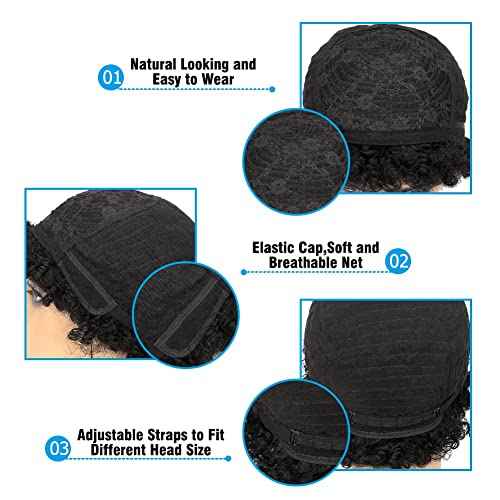 Star Flower Short Curly Wigs Human Hair Afro Kinky Curly Wig Pixie Cut Wig Human Hair 150% Density None Lace Front Black Wigs