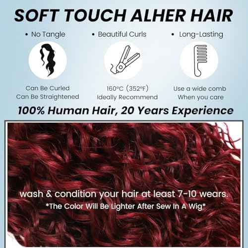 ALHER 2x6 HD Lace Closure with Bundles Human Hair 99j Dark Burgundy Water Wave, Cherry Wine Red Colored Virgin Remy 3 Bundles and 2x6 Long Deep Middle Part Kim K Closure With Baby Hair 10 12 14 +10 IN