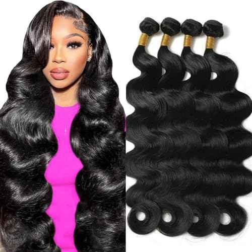12A Body Wave Bundles Human Hair 24 24 24 24 Inch Human Hair Bundles 100% Unprocessed Brazilian Virgin Hair Bundles Human Hair Body Wave 4 Bundle Human Hair Extensions Real Human Hair Natural Black